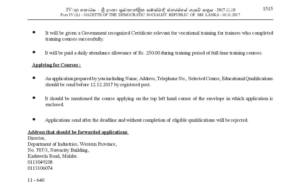 Wood Technology, Light Engineering, Electronic Technology Training Courses (Sinhala Medium) 2018 - Western Province Department of Industries